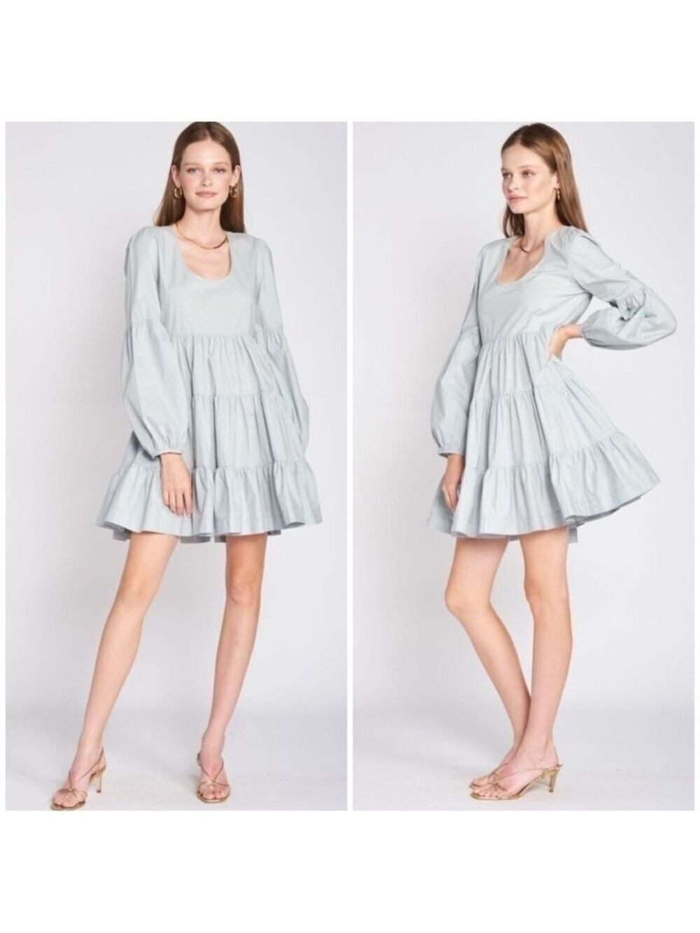 En Saison Balloon Sleeve Ruffle Tiered Ida Mini Dress in Light Blue